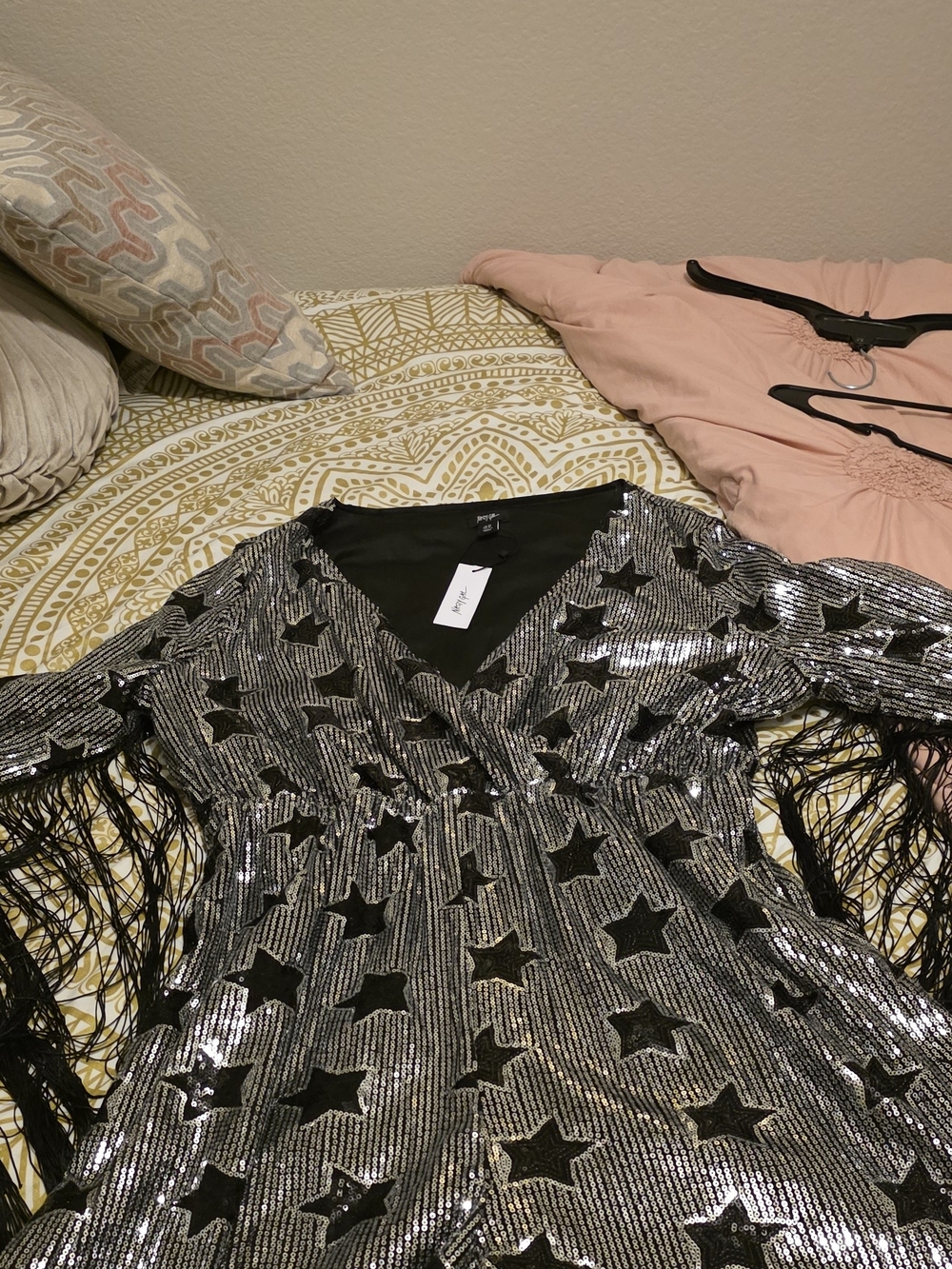 Sequin Star Fringe V-Neck Romper